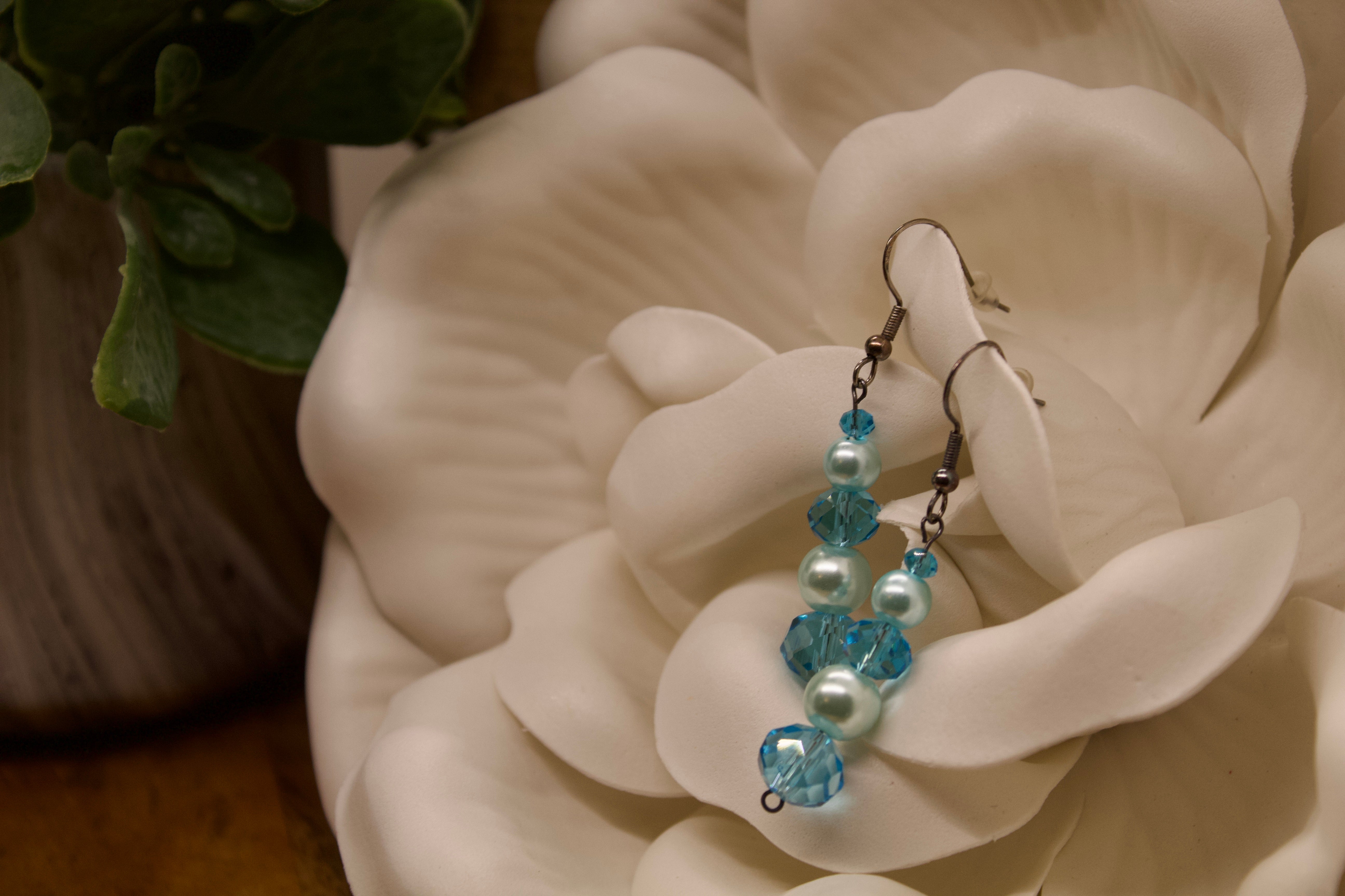Multifaceted aqua Czech glass beads and imitation pearls with brass ear hooks